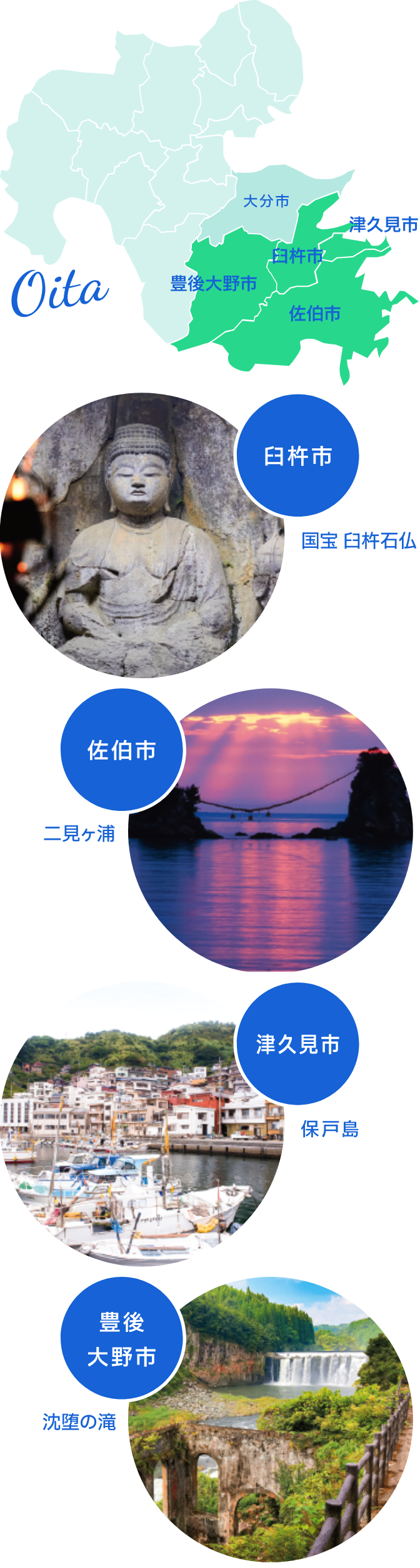 豊後大野市 沈堕の滝 臼杵市 国宝 臼杵石仏 佐伯市 二見ヶ浦 津久見市 保戸島